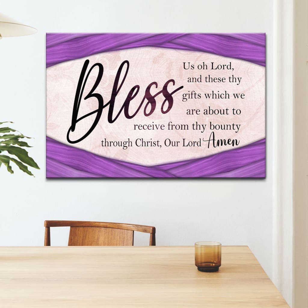 Grace prayer "Bless Us Oh Lord" canvas with Purple wooden border, perfect for Christian home decor.