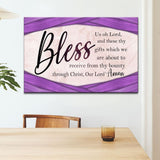 Grace prayer "Bless Us Oh Lord" canvas with Purple wooden border, perfect for Christian home decor.