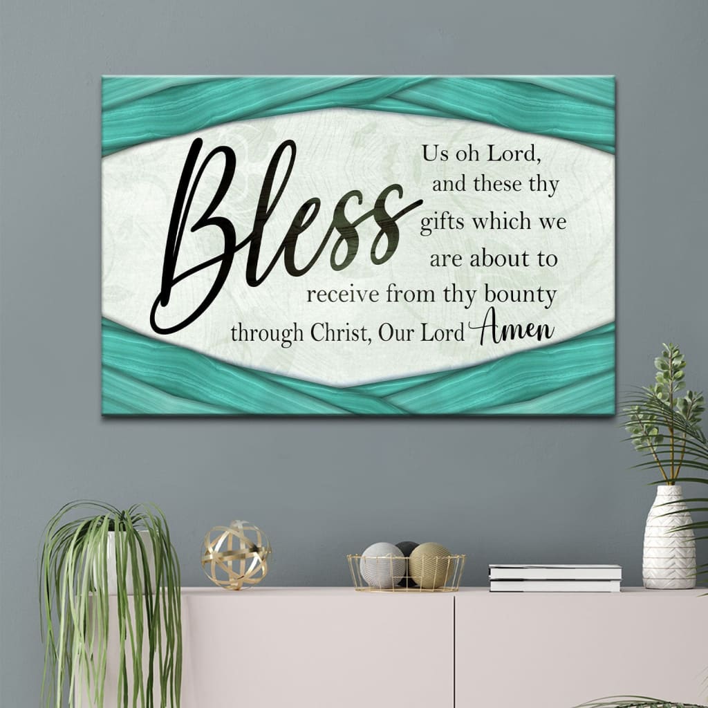 "Bless Us Oh Lord" wall art canvas, grace prayer with teal wooden border, great faith-based decor.