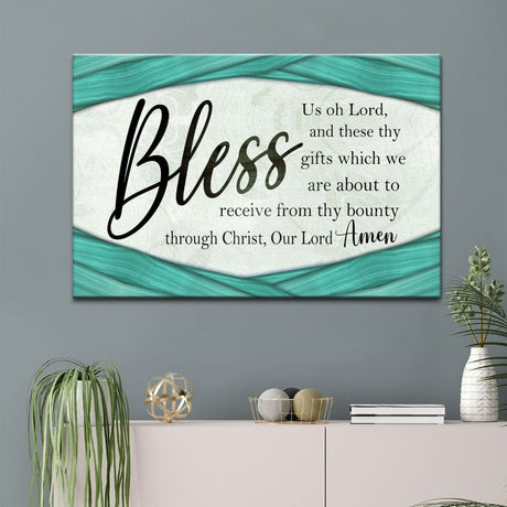 "Bless Us Oh Lord" wall art canvas, grace prayer with teal wooden border, great faith-based decor.