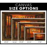 "Give It To God And Go To Sleep" wall art canvas featuring cross, sunset, and wooden window frame design / size options.