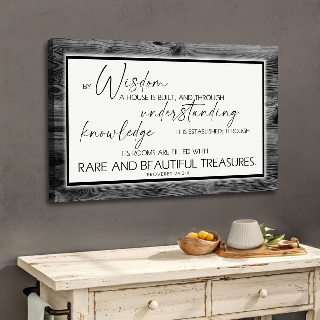 Christian wall decor featuring the Bible verse "By Wisdom A House Is Built" with a Black border, ideal for religious gifts.