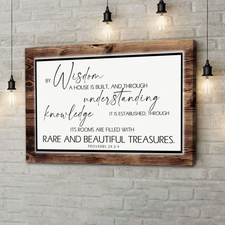 Bible verse wall art decor with "By Wisdom A House Is Built," brown border, ideal Christian gift for homes.