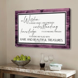 Bible verse wall art canvas with the Bible verse "By Wisdom A House Is Built," featuring a purple border, perfect for faith-based gifts.
