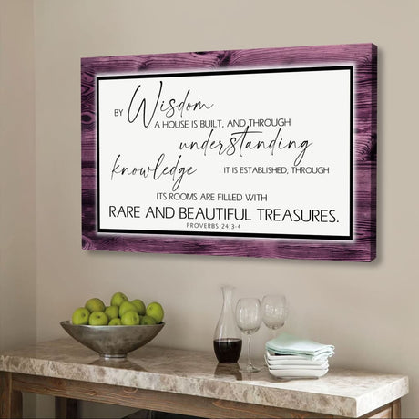 Bible verse wall art canvas with the Bible verse "By Wisdom A House Is Built," featuring a purple border, perfect for faith-based gifts.