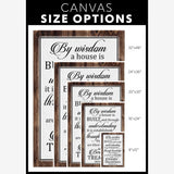 Bible verse wall art canvas with Proverbs 24:3-4, "By Wisdom A House Is Built," rustic design, perfect for Christian gifts / size options.