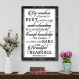 Rustic Christian wall art canvas featuring Proverbs 24:3-4, "By Wisdom A House Is Built," perfect for faith-based home decor / Gray.