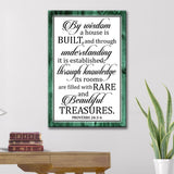 Rustic Christian wall decor with Proverbs 24:3-4, "By Wisdom A House Is Built," perfect for Scripture-inspired homes / Teal.