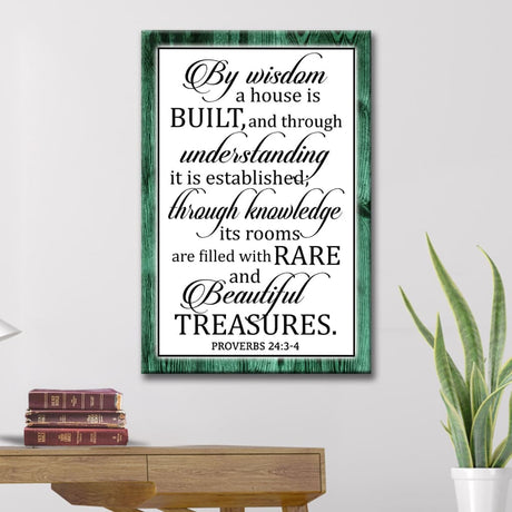 Rustic Christian wall decor with Proverbs 24:3-4, "By Wisdom A House Is Built," perfect for Scripture-inspired homes / Teal.