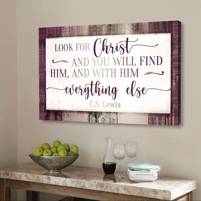 C.S. Lewis wall art with "Look for Christ and you will find Him," perfect Christian gift and inspirational decor / Purple.