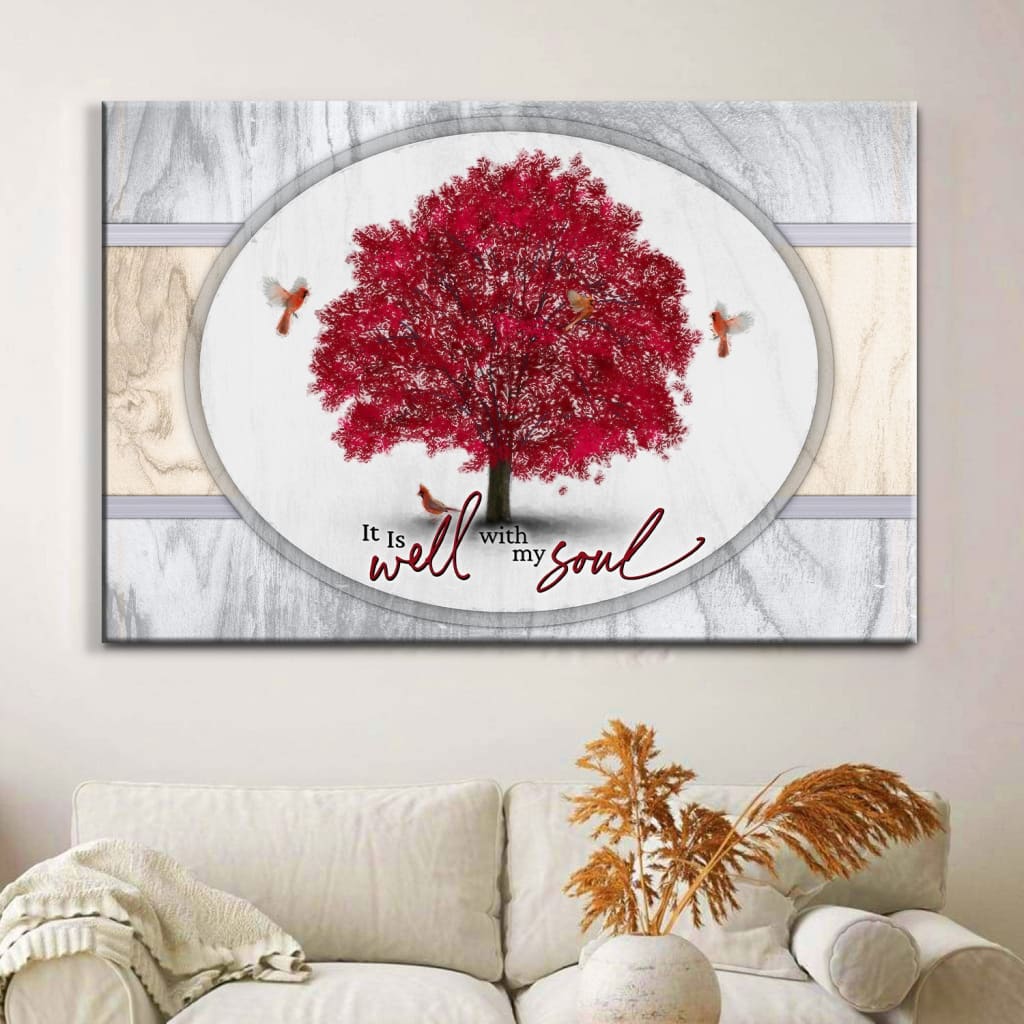 Christian wall art with cardinal birds and &quot;It Is Well With My Soul,&quot; perfect for Christmas or Valentine gifts.