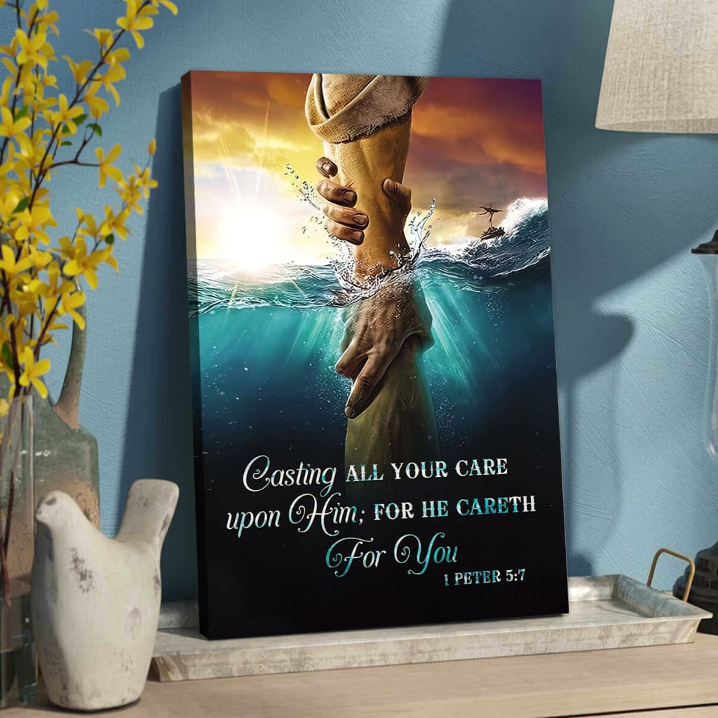 Casting all your care upon Him 1 peter 5:7 KJV wall art canvas Bible verse wall decor