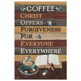 Faith-based wall art displaying "Christ Offers Forgiveness For Everyone Everywhere" with coffee elements, great religious decor and Christian gifts.