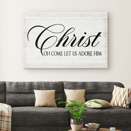 Inspirational canvas print with "Oh Come Let Us Adore Him," ideal for Christian Christmas gifts and home decor.