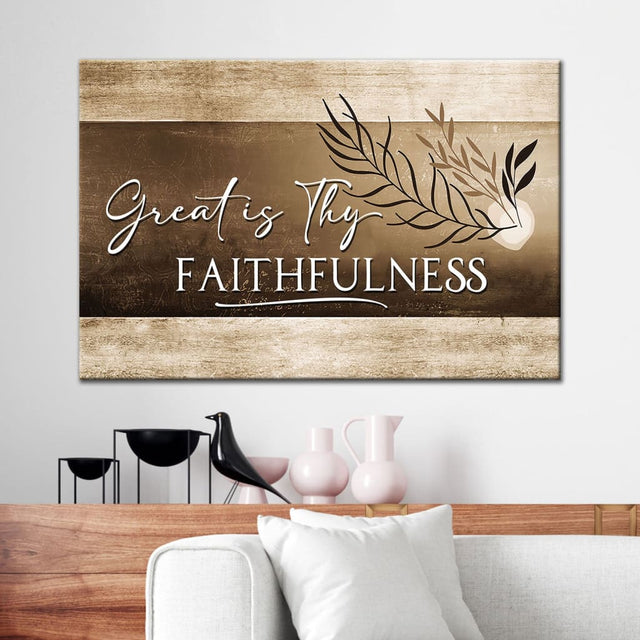 Christian art, "Great Is Thy Faithfulness" Christian wall art canvas print, brown color, perfect for inspiring home decor.