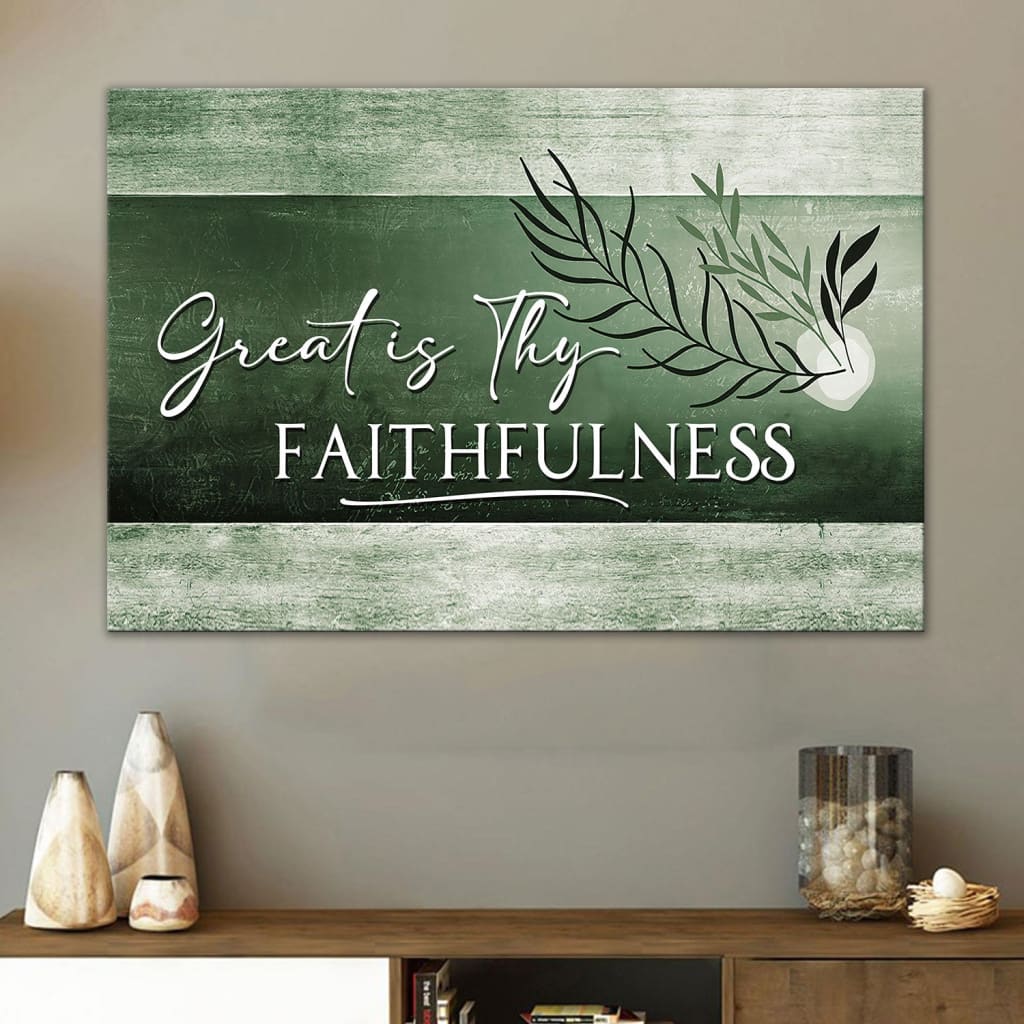 "Great Is Thy Faithfulness" wall art in Teal tones, inspiring Christian canvas for home or office.