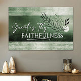 "Great Is Thy Faithfulness" wall art in Teal tones, inspiring Christian canvas for home or office.