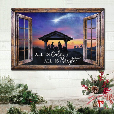 Christian Christmas wall art featuring "All Is Calm All Is Bright" with Jesus' birth in a window frame, perfect faith-based holiday decor.
