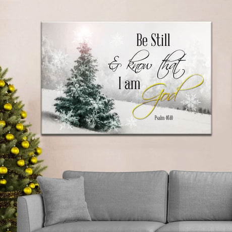 Christian Christmas wall art featuring "Be Still And Know That I Am God" with a Christmas tree, perfect faith-based holiday decor.