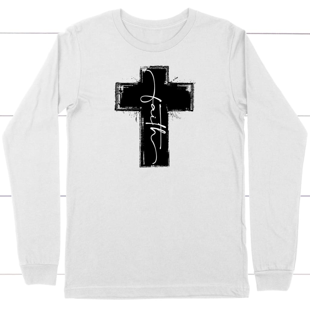 Christian long sleeve shirts: Faith cross long sleeve t-shirt White / S