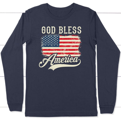 Christian Patriotic apparel: American flag God bless America long sleeve t-shirt Navy / S