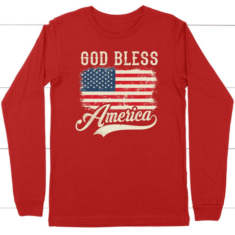 Christian Patriotic apparel: American flag God bless America long sleeve t-shirt Red / S