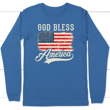 Christian Patriotic apparel: American flag God bless America long sleeve t-shirt True Royal / S