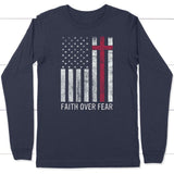 Christian Patriotic Apparel: Faith over fear USA flag long sleeve shirt Navy / S