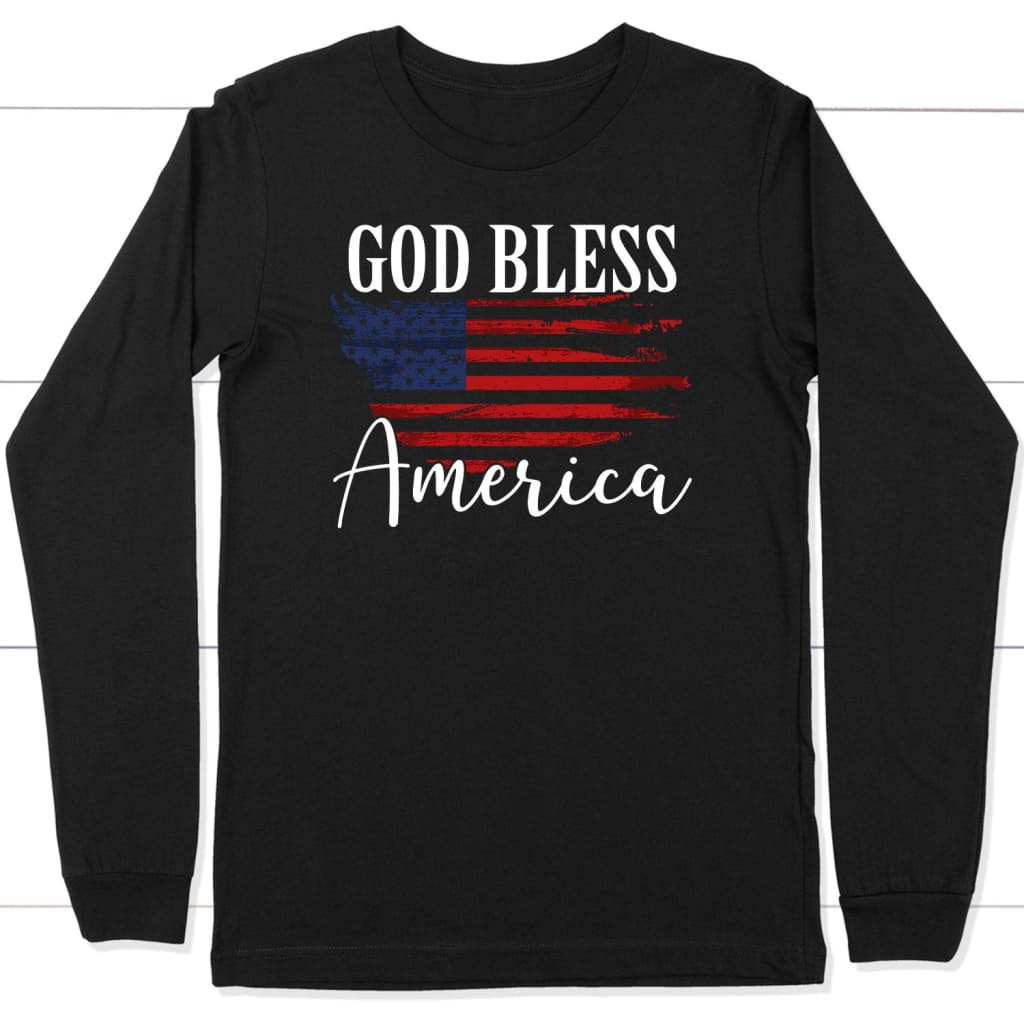 Christian Patriotic Apparel: God bless America US flag long sleeve t-shirt Black / S
