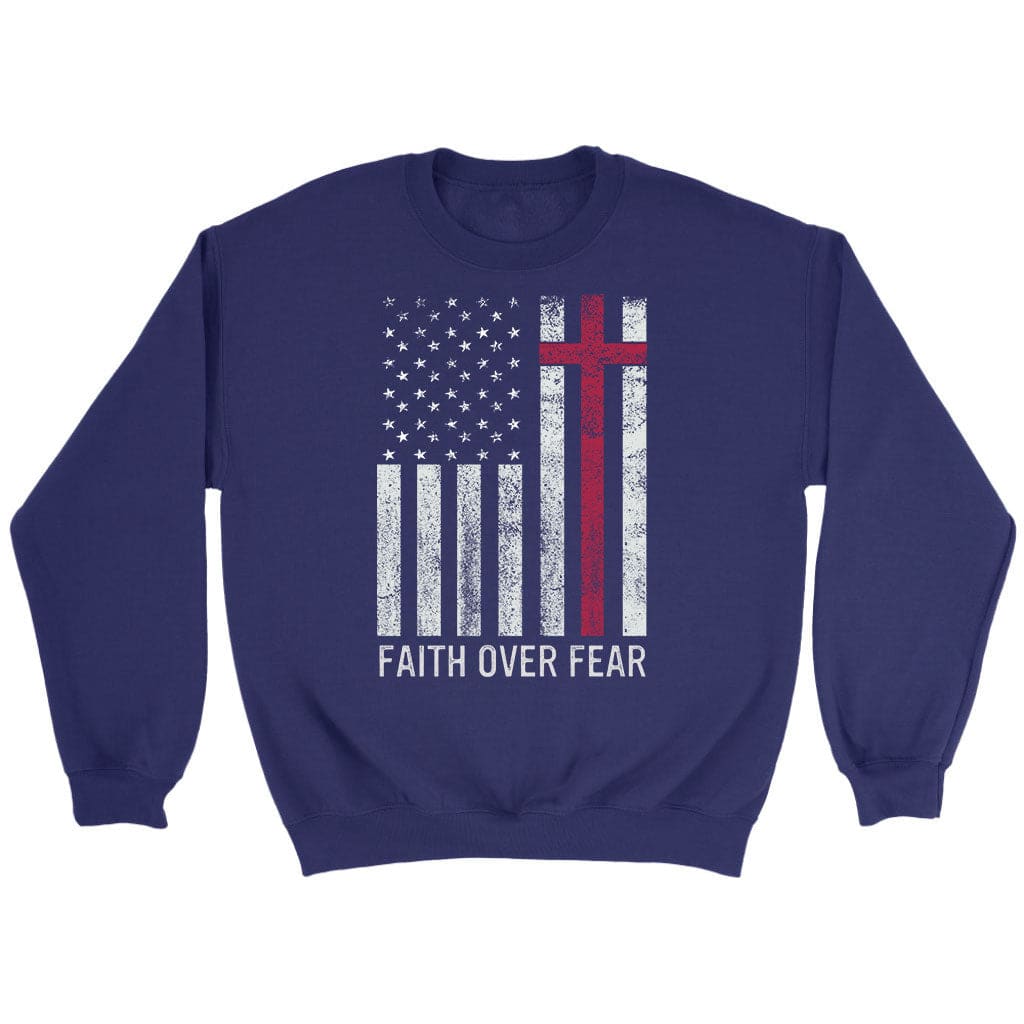 Christian Patriotic Sweatshirts: Faith over fear USA flag sweatshirt Purple / S