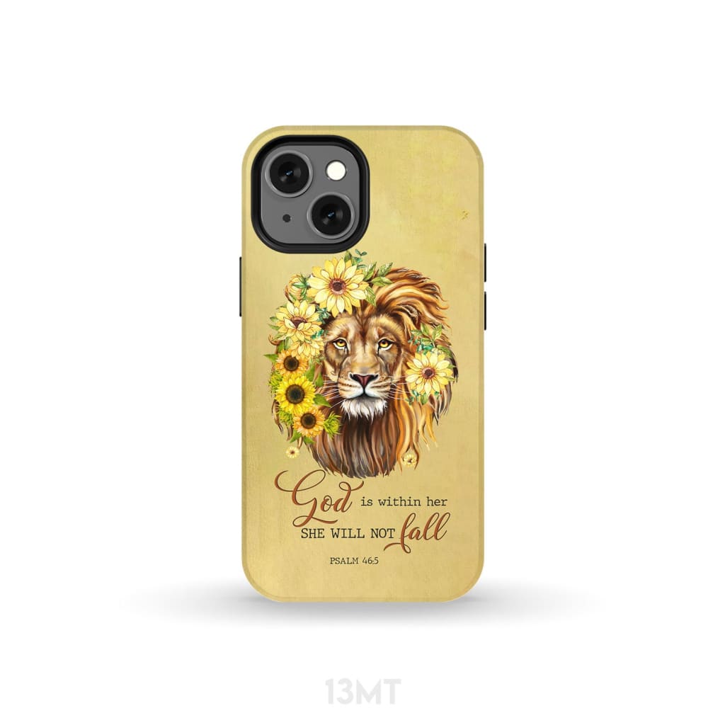 Christian phone cases: God is within her she will not fall sunflower lion case iPhone 13 Mini / Tough