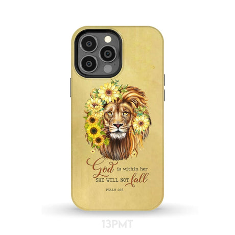 Christian phone cases: God is within her she will not fall sunflower lion case iPhone 13 Pro Max / Tough