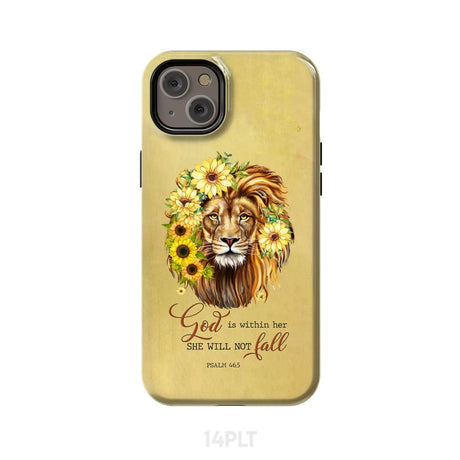 Christian phone cases: God is within her she will not fall sunflower lion case iPhone 14 Plus / Tough