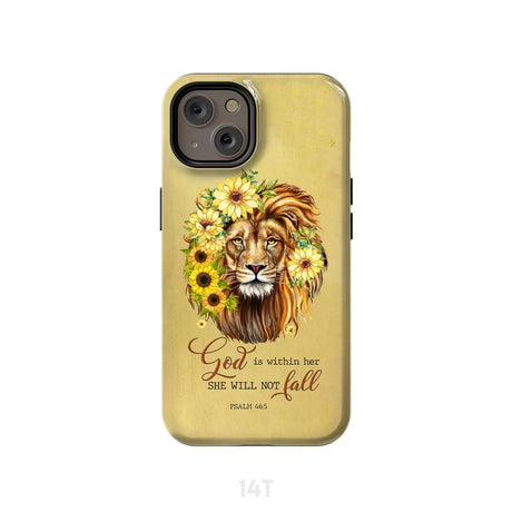 Christian phone cases: God is within her she will not fall sunflower lion case iPhone 14 / Tough
