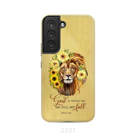Christian phone cases: God is within her she will not fall sunflower lion case Samsung Galaxy S22 / Tough