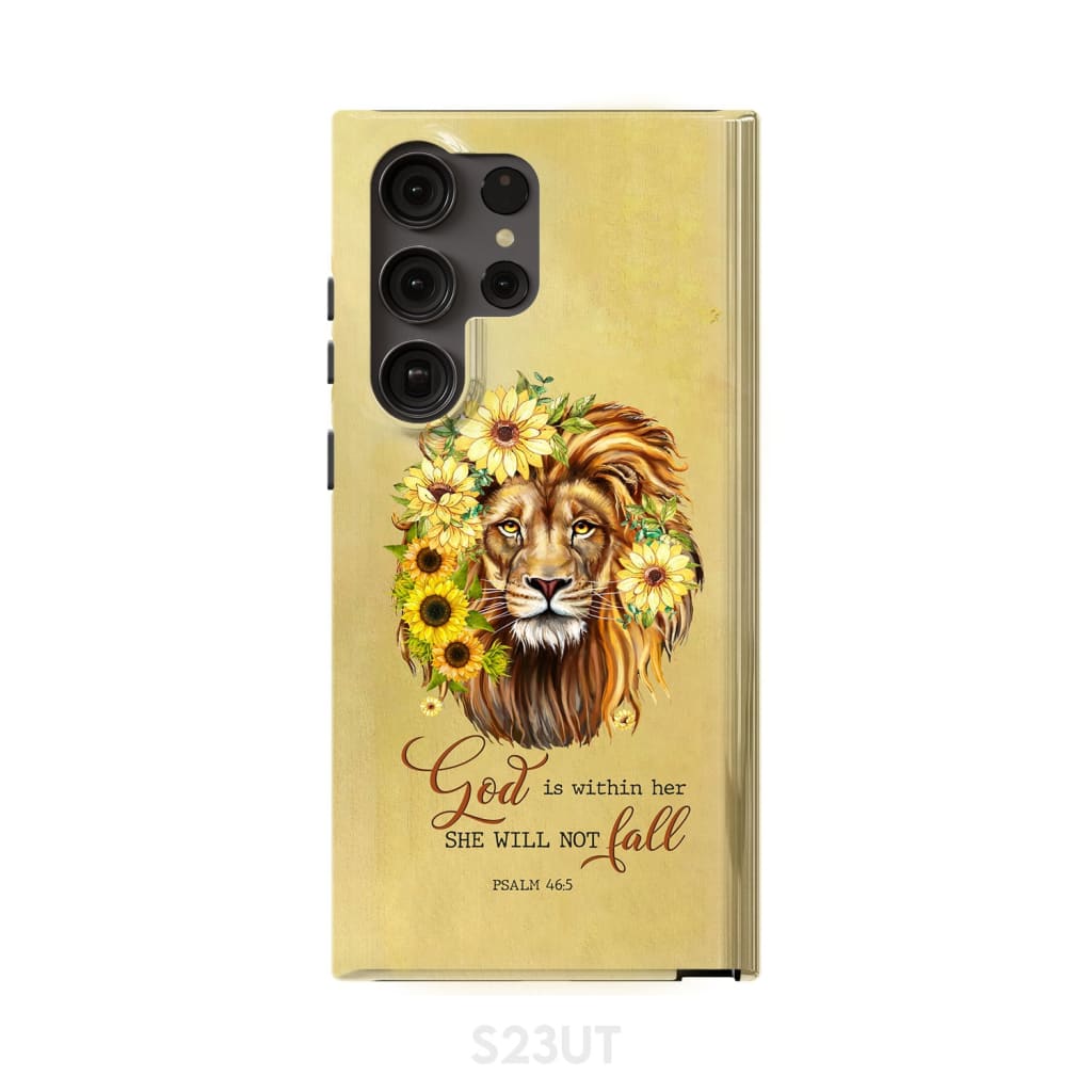Christian phone cases: God is within her she will not fall sunflower lion case Samsung Galaxy S23 Ultra / Tough