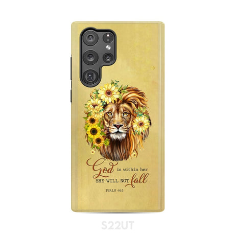 Christian phone cases: God is within her she will not fall sunflower lion case Samsung Galaxy S22 Ultra / Tough