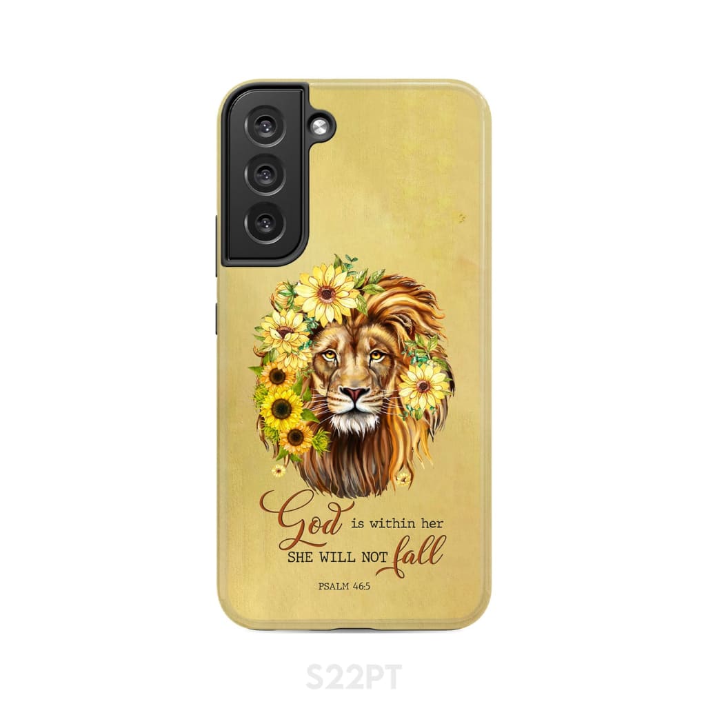 Christian phone cases: God is within her she will not fall sunflower lion case Samsung Galaxy S22 Plus / Tough