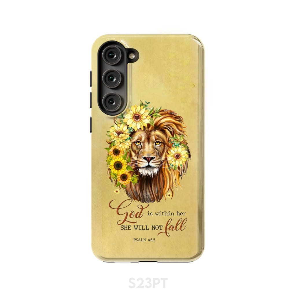 Christian phone cases: God is within her she will not fall sunflower lion case Samsung Galaxy S23 Plus / Tough