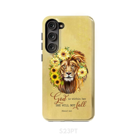 Christian phone cases: God is within her she will not fall sunflower lion case Samsung Galaxy S23 Plus / Tough