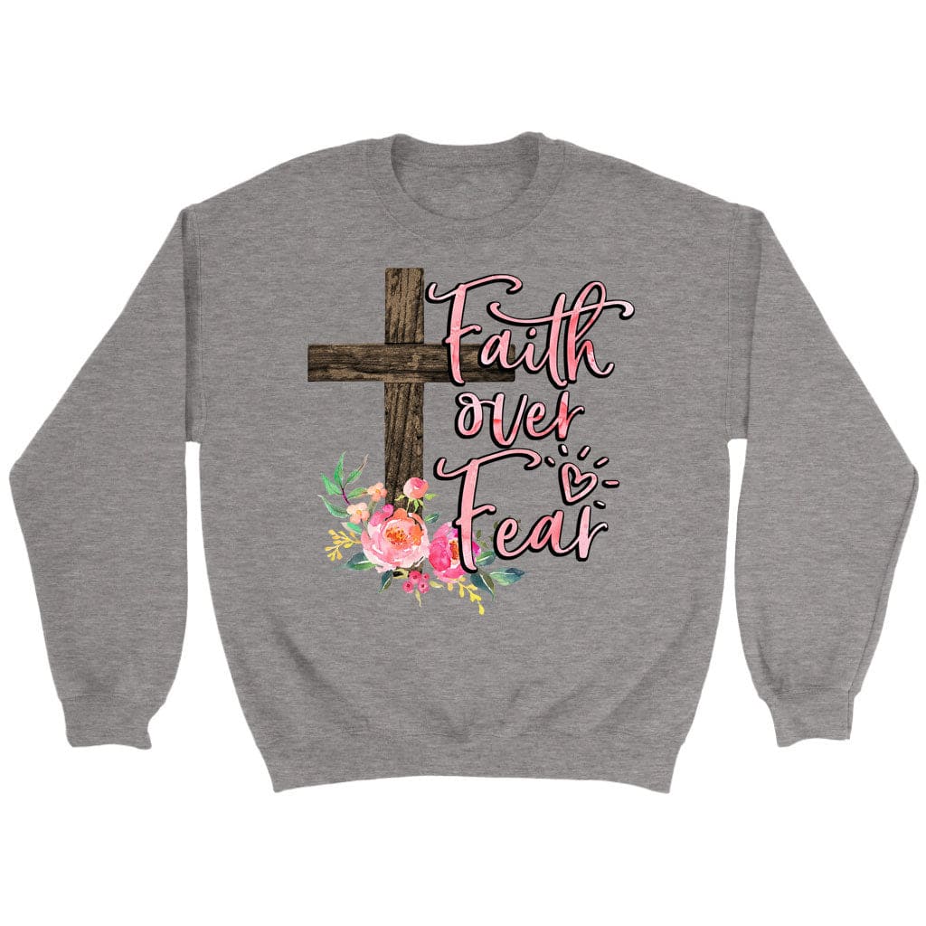 Christian sweatshirts: Faith over fear cross with flowers sweatshirt Sport Grey / S