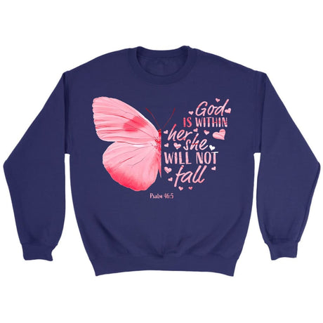 Inspirational Christian sweatshirts: God is within her she will not fall butterfly sweatshirt Purple / S