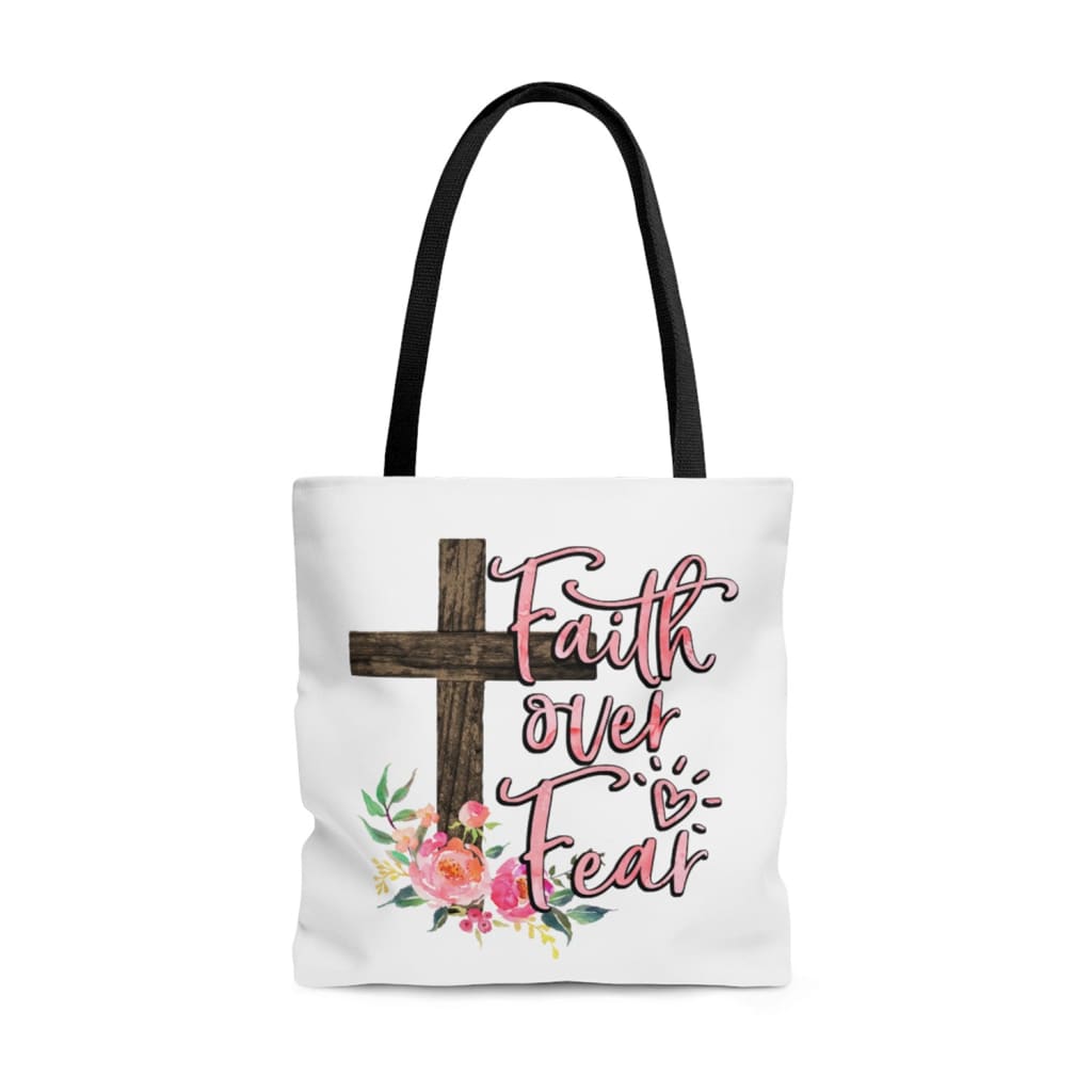Christian tote bags: Faith over fear cross with flowers tote bag 13 x 13