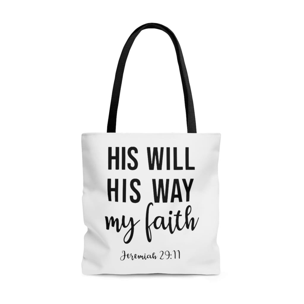 Christian tote bags: Jeremiah 29:11 His will His way my faith tote bag 13 x 13
