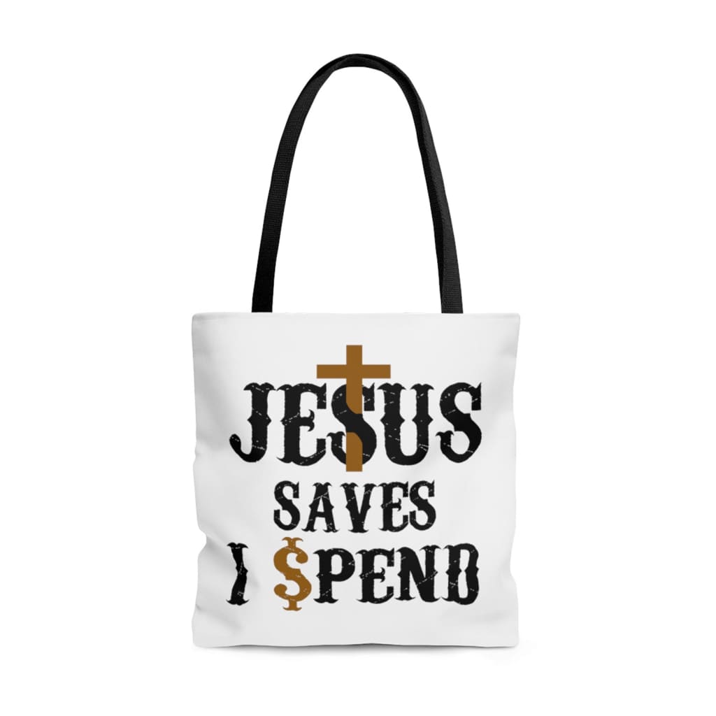 Christian tote bags: Jesus saves I spend tote bag Jesus tote bag 13 x 13