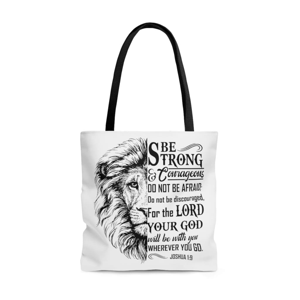 Christian tote bags: Lion Face Be strong and courageous Joshua 1:9 tote bag 13 x 13