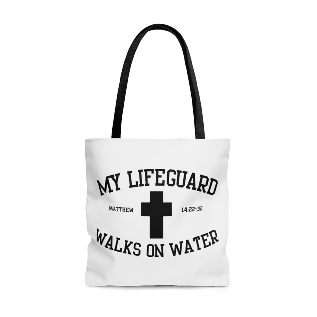 Christian tote bags: My lifeguard walks on water tote bag 13 x 13