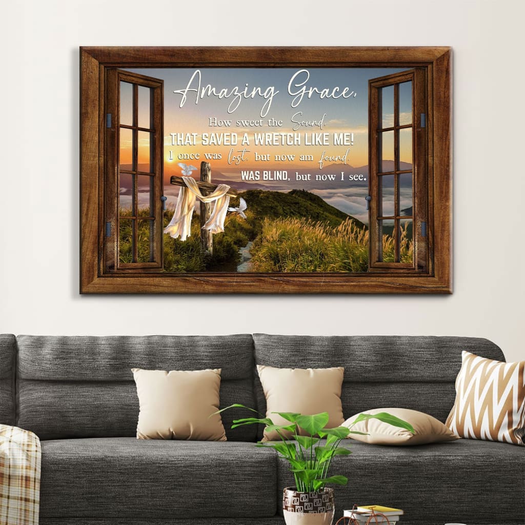 Christian wall art featuring "Amazing Grace" with mountain cross scene in a rustic window frame.