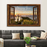 Christian wall art featuring "Amazing Grace" with mountain cross scene in a rustic window frame.