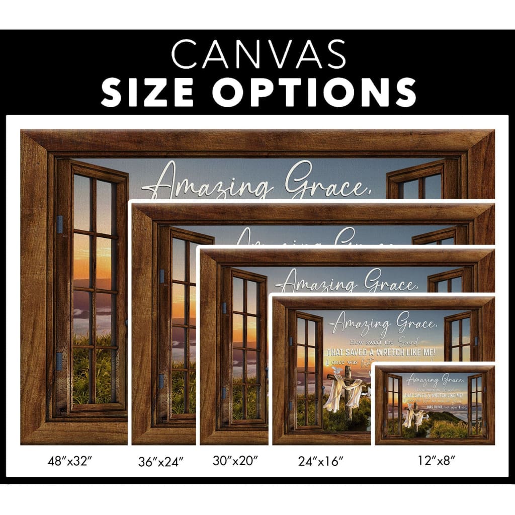 "Amazing Grace" Christian wall decor with mountain cross view, framed as a window / canvas size options.